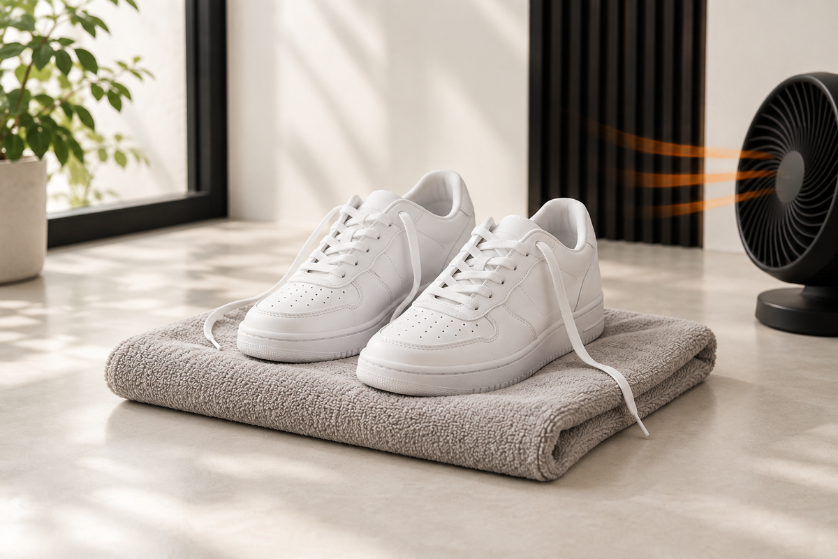 Paire de sneakers blanches séchant à l’air libre sur une serviette