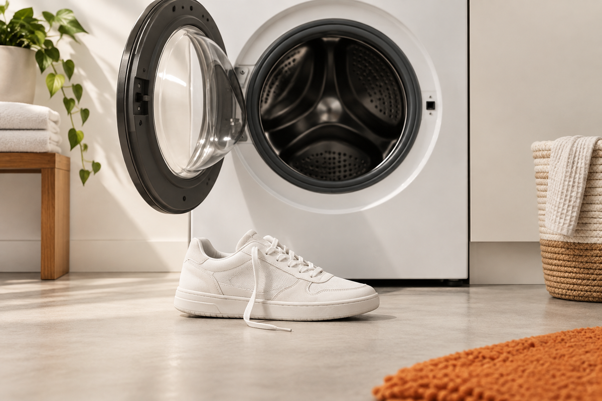 Sneaker blanche placée devant une machine à laver ouverte