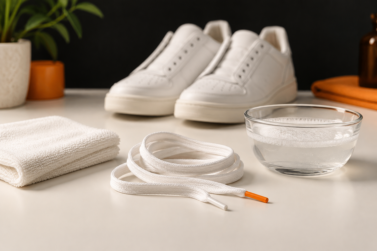 Lacets blancs retirés avec un bol d’eau savonneuse et un chiffon microfibre