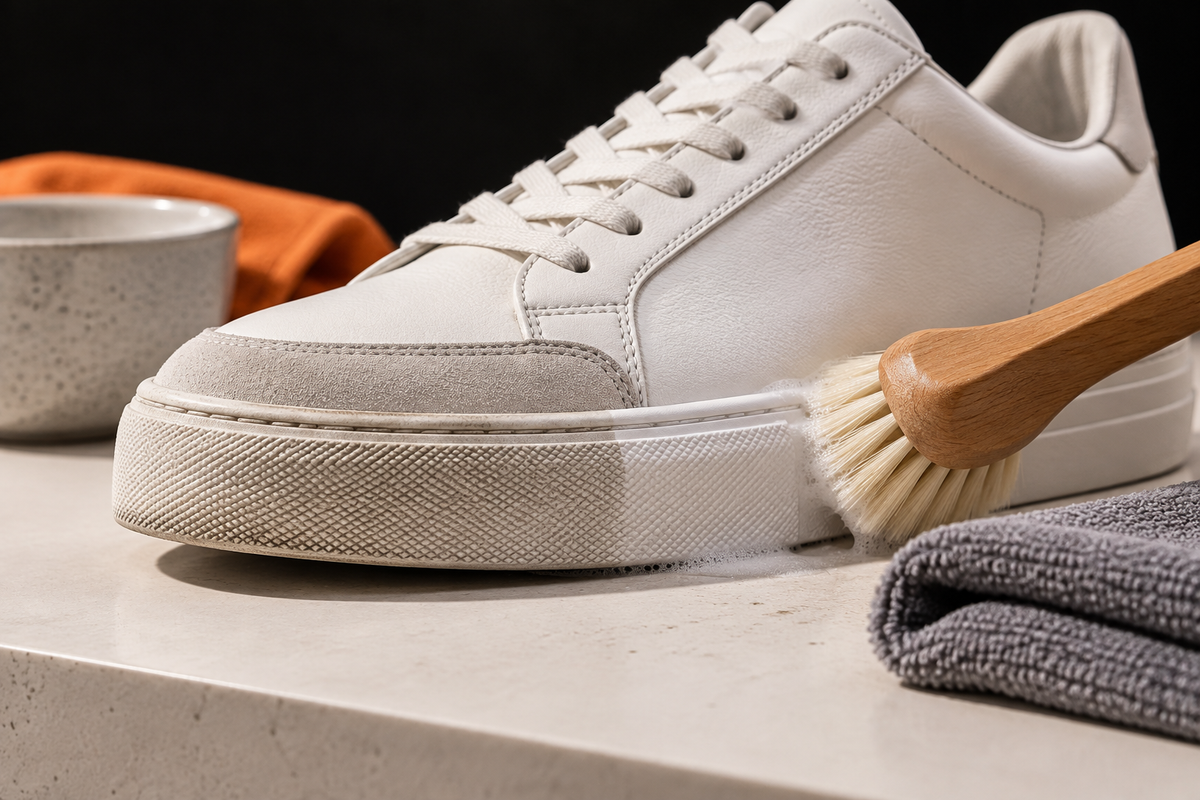 Nettoyage progressif de la semelle blanche d’une sneaker avec une brosse douce