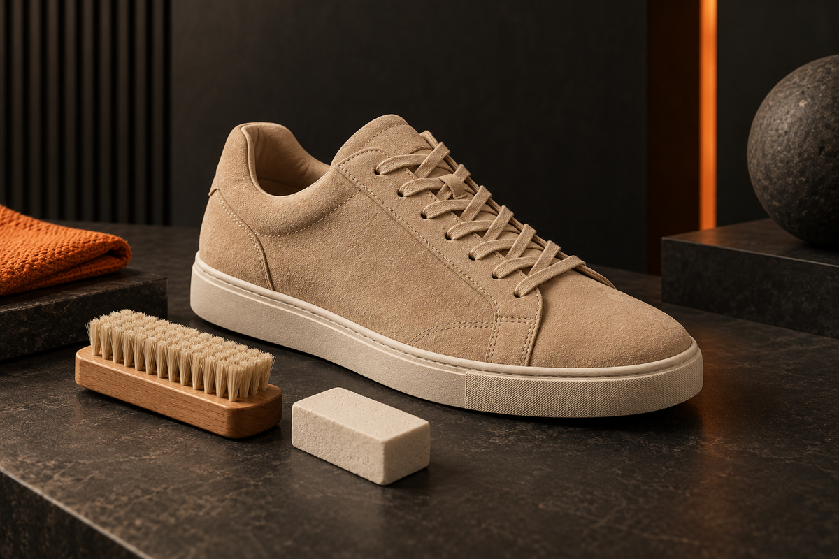 Sneaker en nubuck beige avec une brosse et une gomme d’entretien