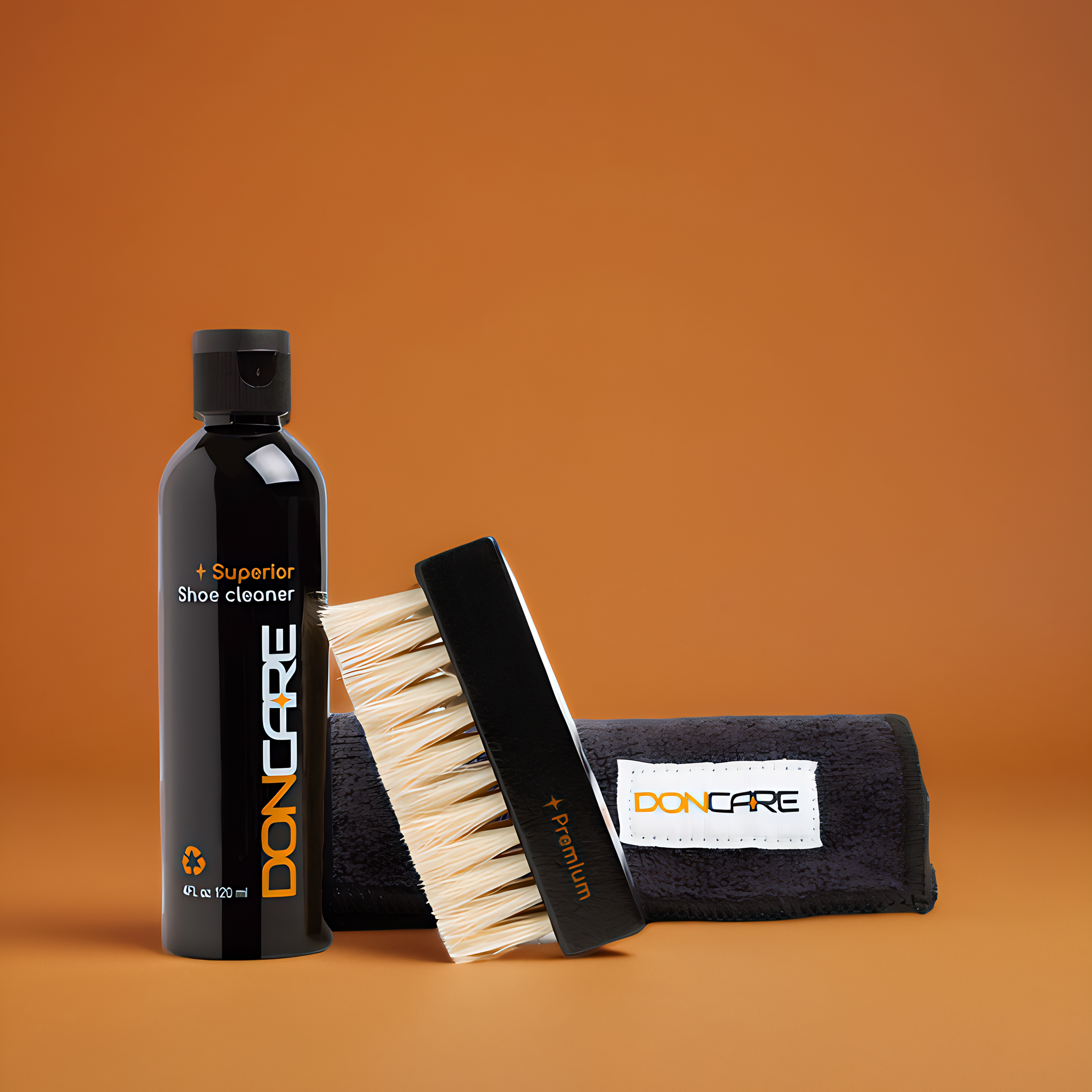 Nettoyant DonCare 120 ml, Brosse Premium et microfibre sur fond orange