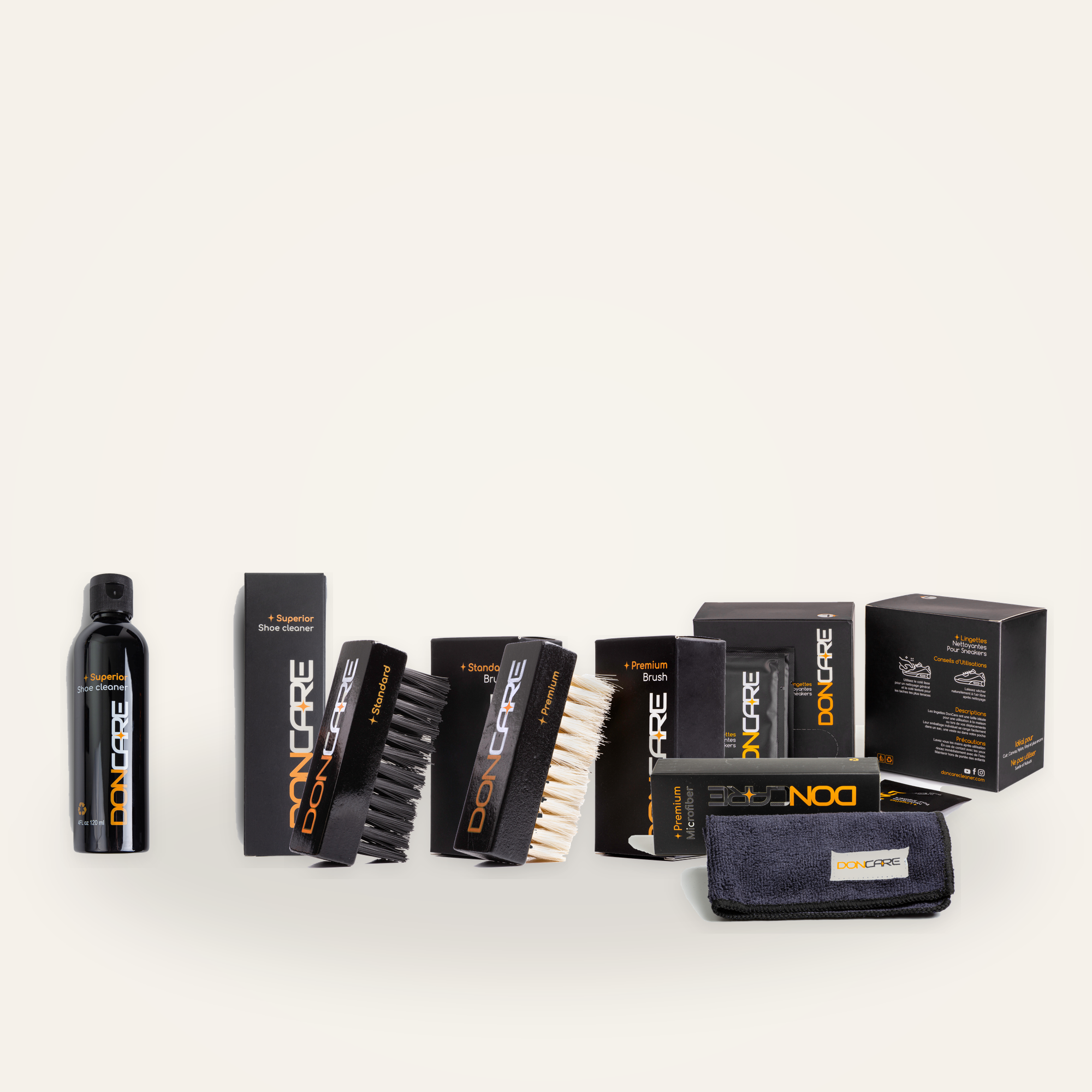 Routine Complète DonCare — nettoyant 120 ml, deux brosses, microfibre et 60 lingettes