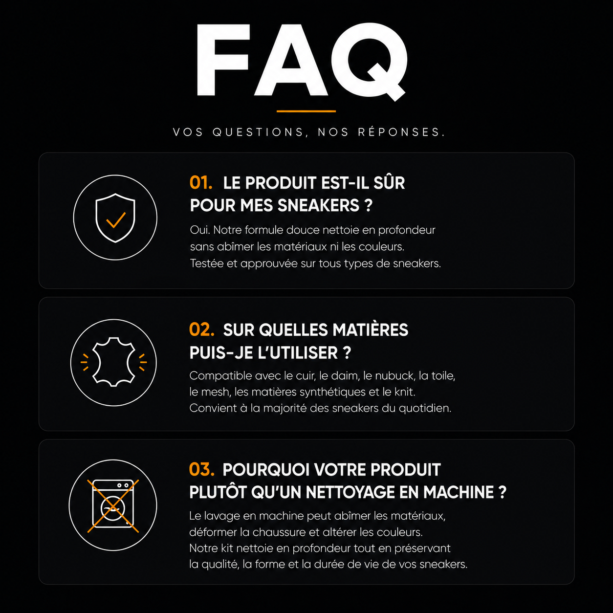 Illustration de questions fréquentes sur le nettoyage et les matières des sneakers