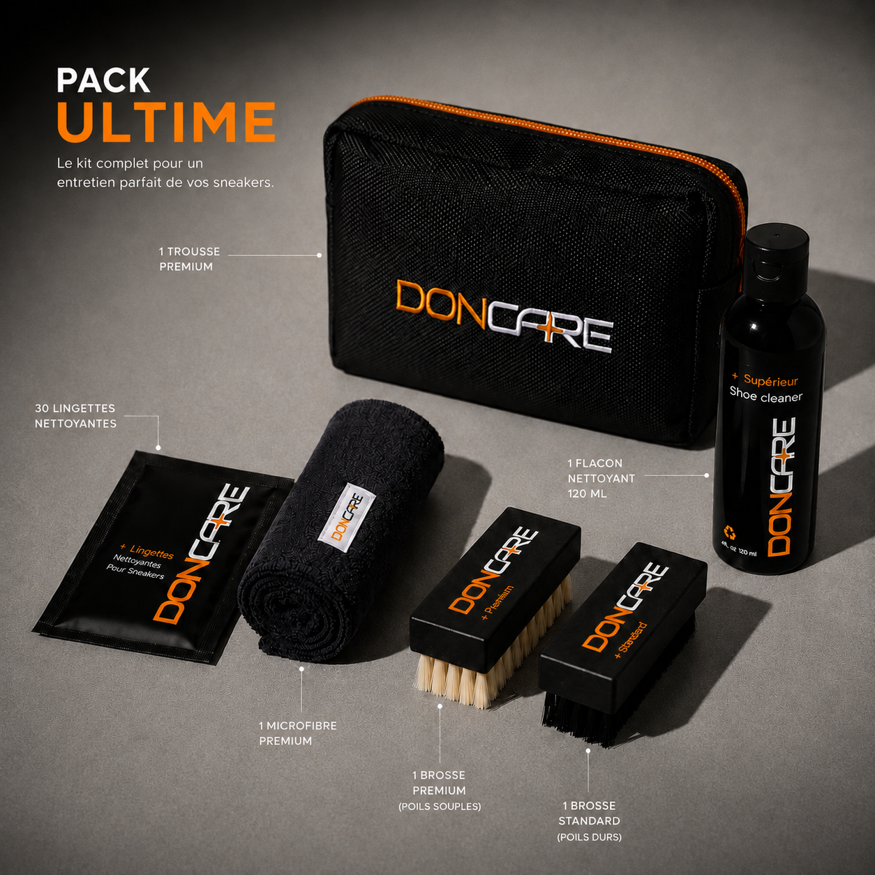 Pack Ultime DonCare avec nettoyant 120 ml, deux brosses, microfibre et 30 lingettes