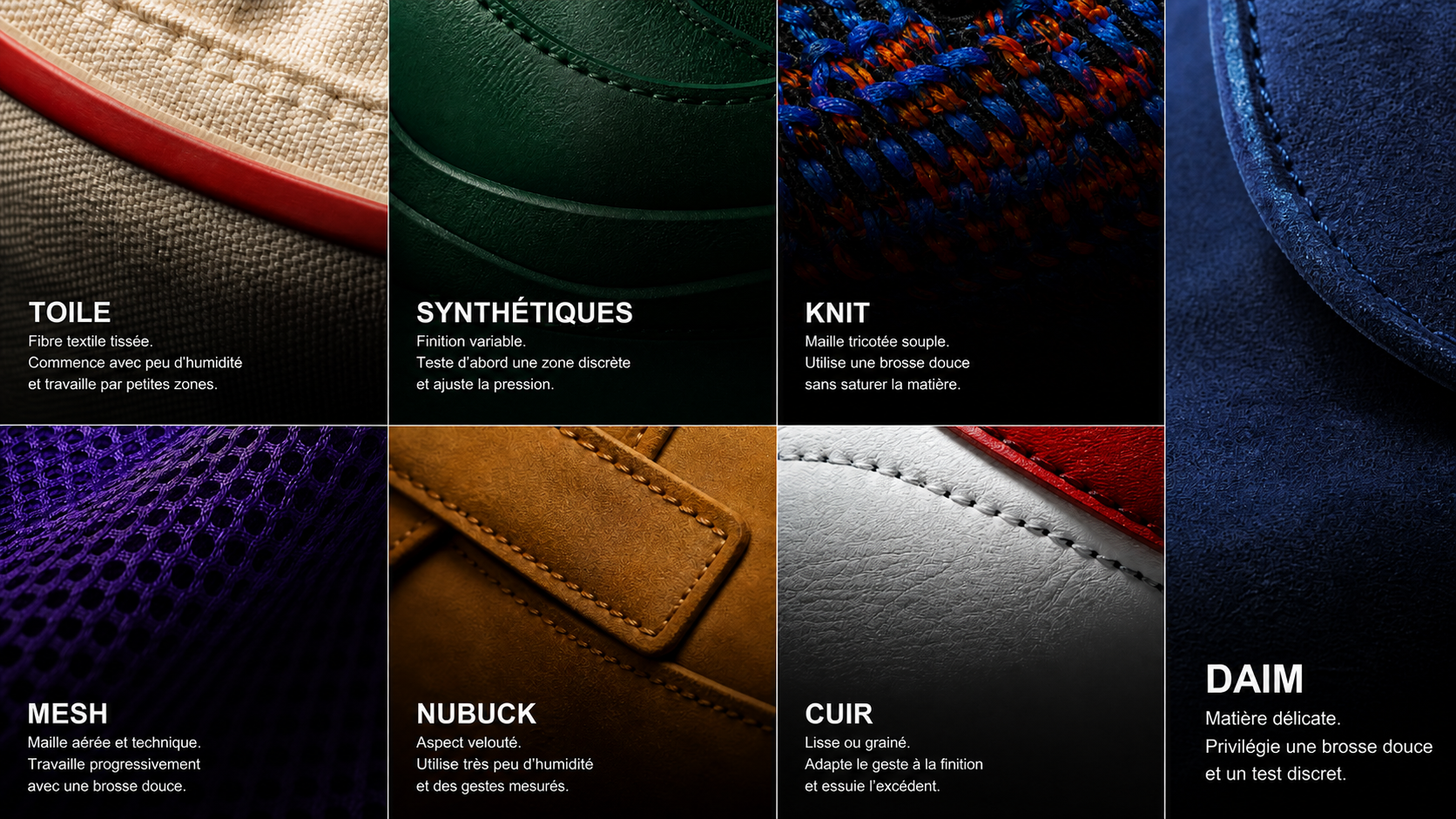 Guide visuel DonCare des matières : toile, synthétiques, knit, mesh, nubuck, cuir et daim