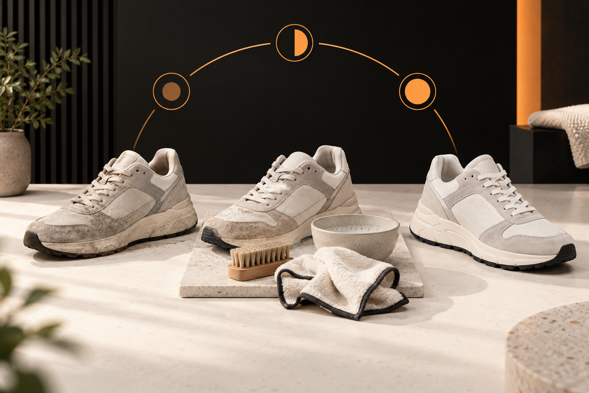 Trois étapes d’entretien montrant des sneakers avant, pendant et après le nettoyage