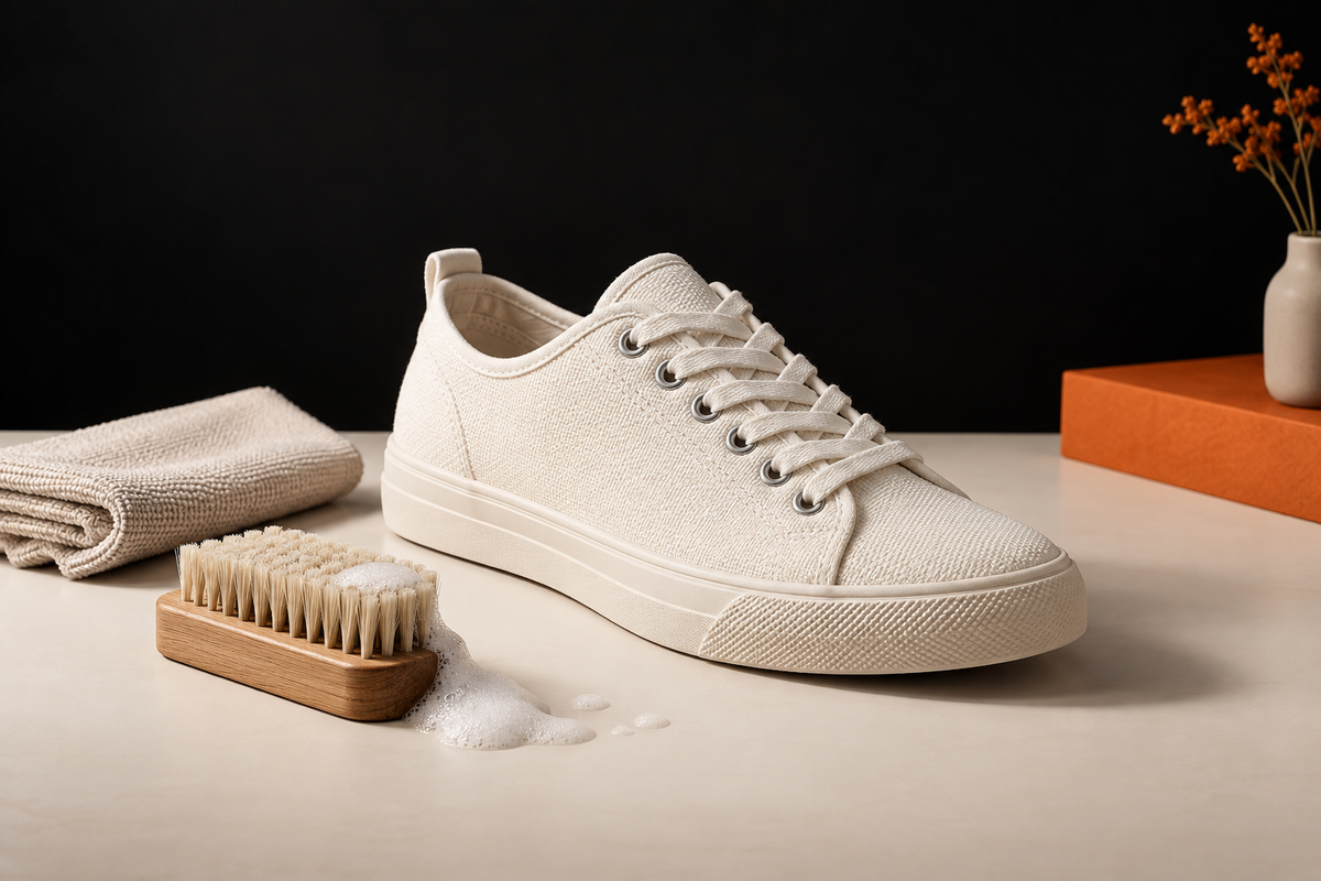 Sneaker en toile blanche avec une brosse douce et un chiffon microfibre