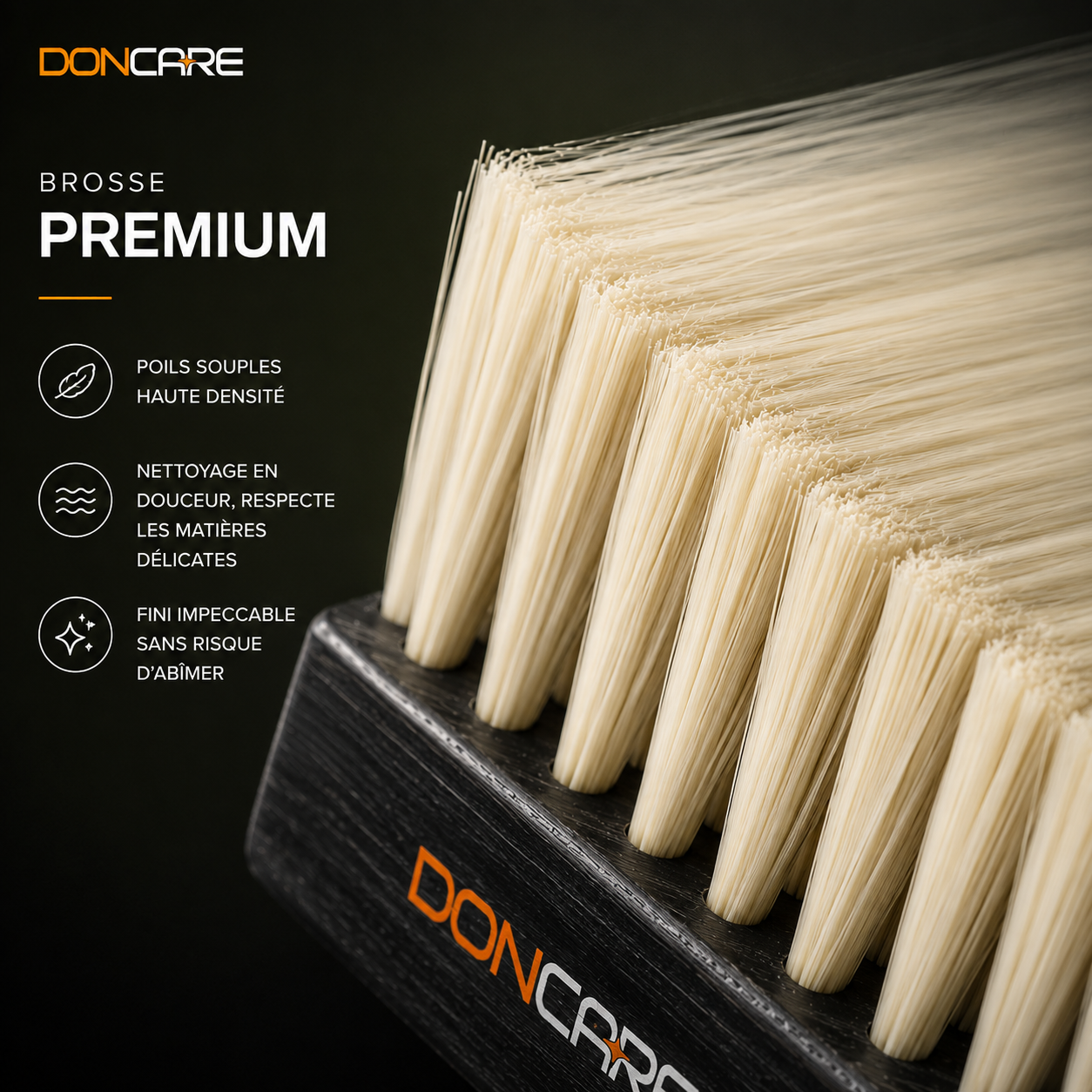 Gros plan sur les poils clairs de la Brosse Premium DonCare