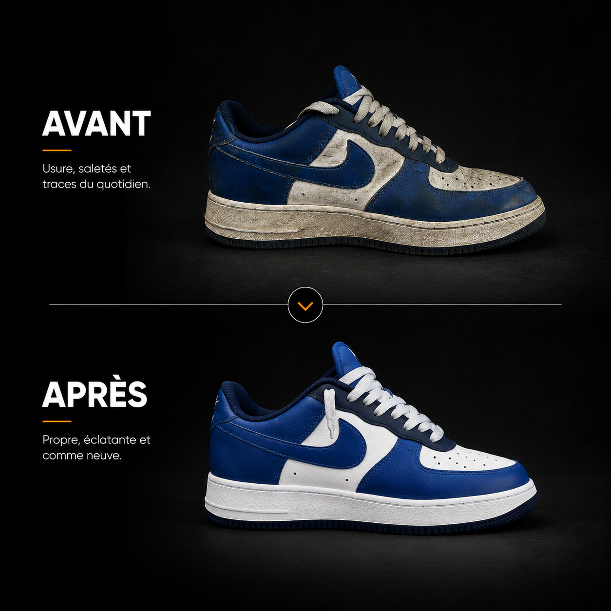 Comparaison avant et après du nettoyage d’une sneaker bleue et blanche