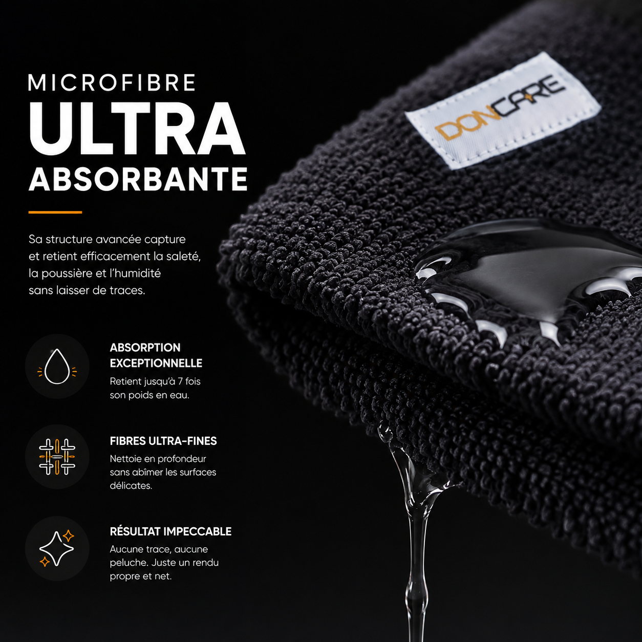 Gros plan sur une microfibre DonCare noire avec des gouttes d’eau