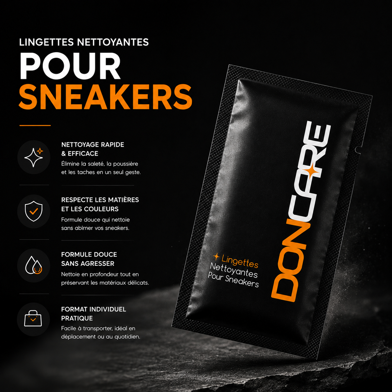Sachet individuel noir d’une lingette nettoyante DonCare
