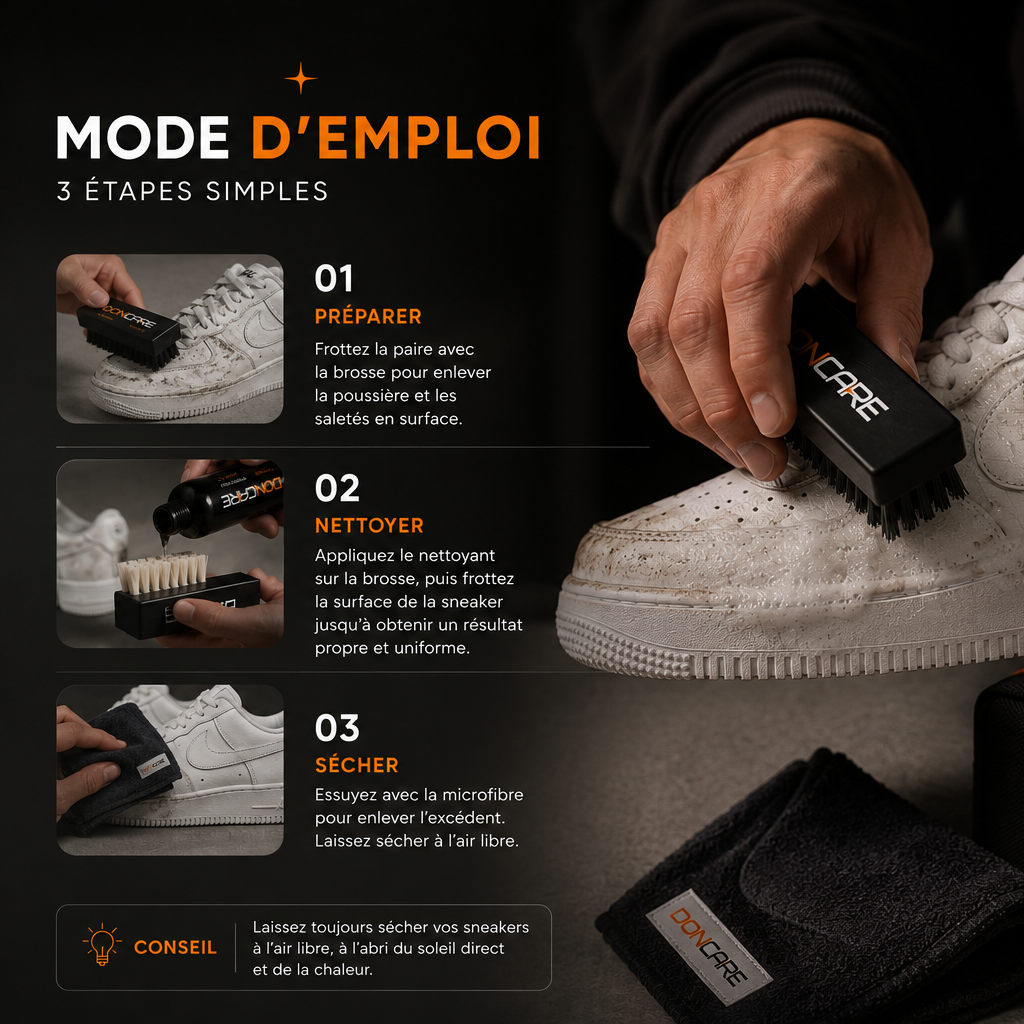 Démonstration du brossage, de l’application du nettoyant et de l’essuyage avec la microfibre DonCare