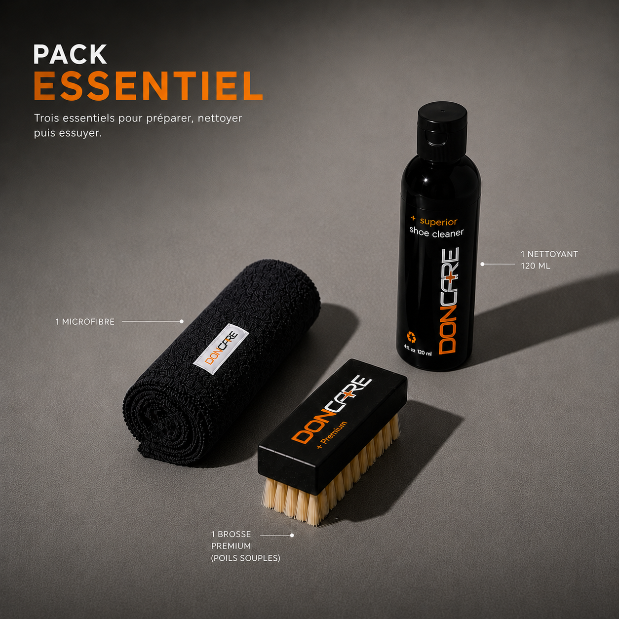 Pack Essentiel DonCare avec nettoyant 120 ml, Brosse Premium et microfibre