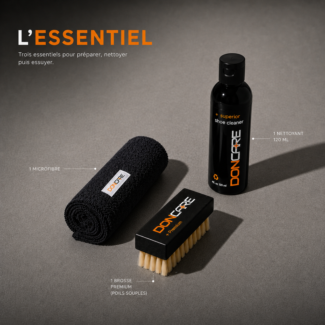 L’Essentiel DonCare : nettoyant 120 ml, brosse Premium et microfibre