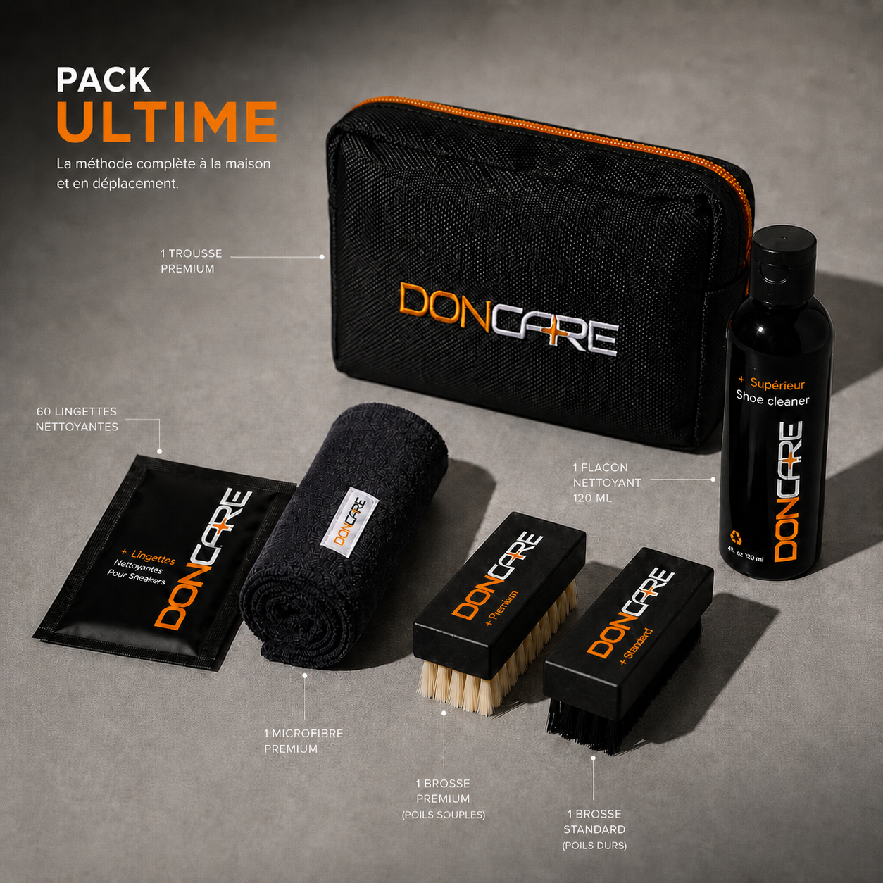 Pack Ultime DonCare : nettoyant 120 ml, deux brosses, microfibre et 60 lingettes